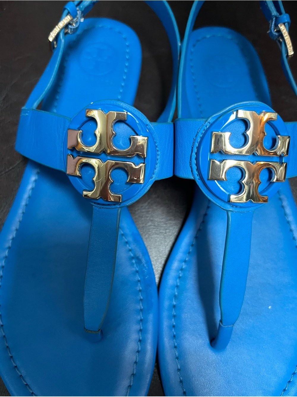 Tory Burch Bright Blue Logo T-Strap Sandals with Gold Emblem